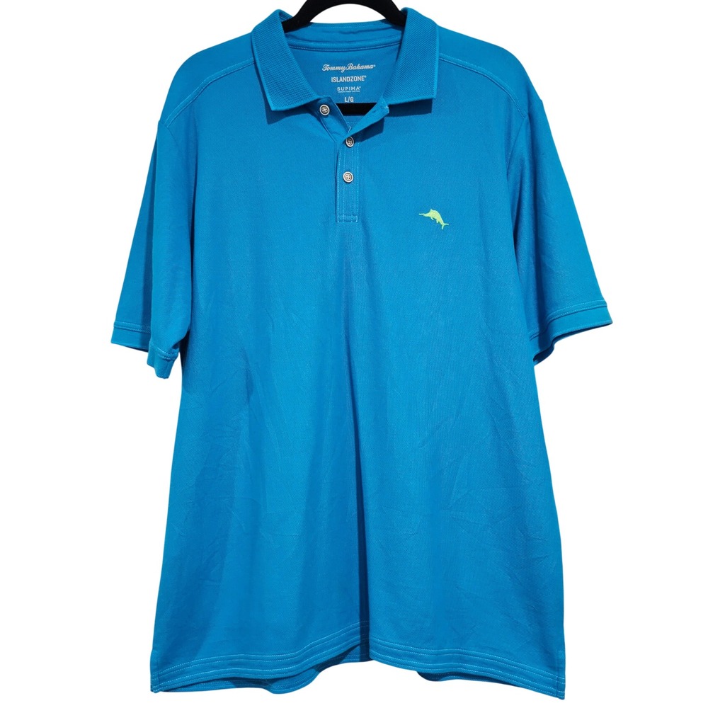 Tommy Bahama Islandzone Mens Large teal Supima Cotton Polo Shirt Big Fish Logo